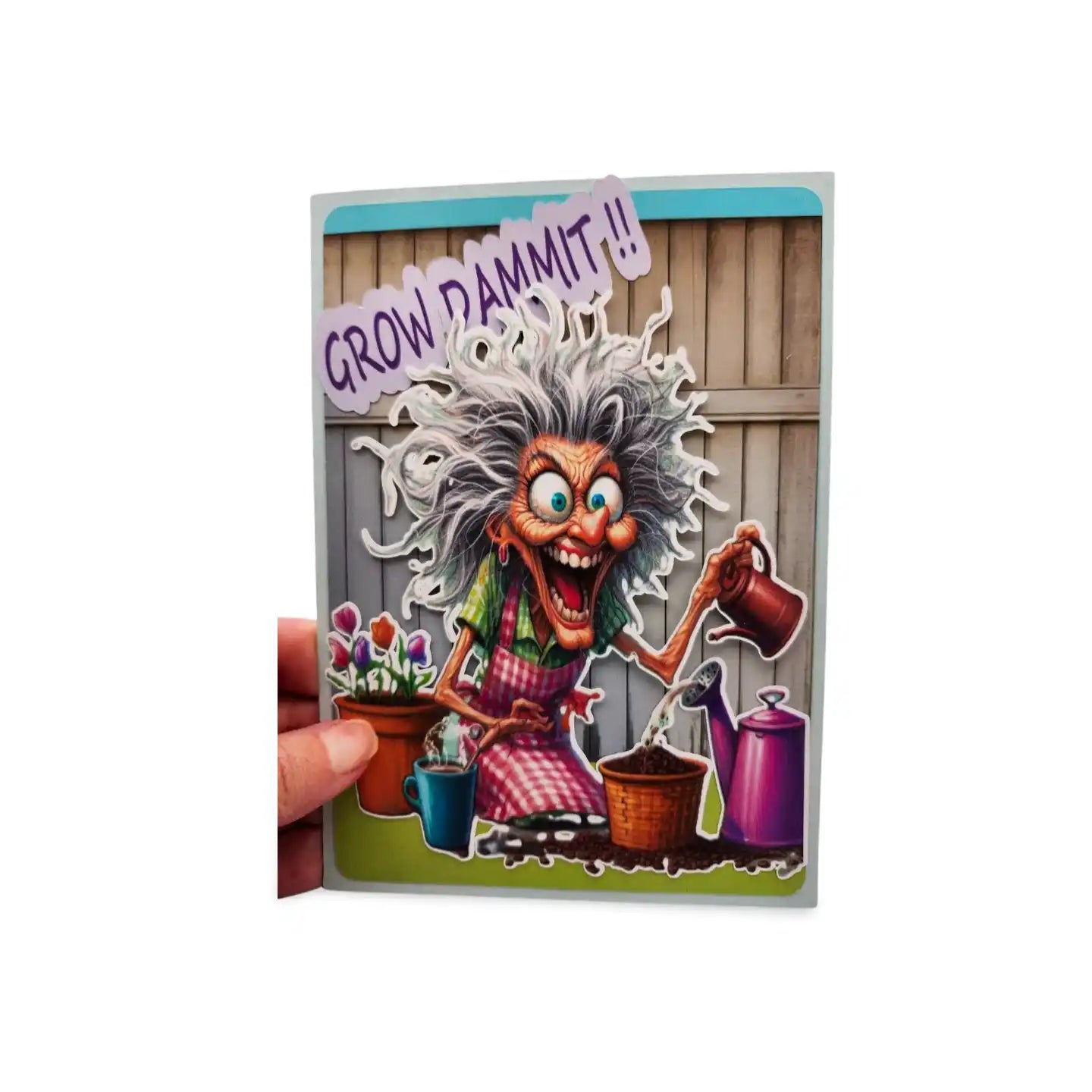 Card with a cartoon character holding a watering can and text 'Grow Dammit!!' on a white background.