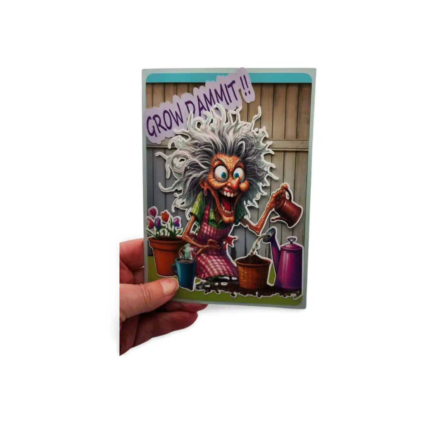 Cartoon character holding a sign with 'Grow Dammit!!' text, surrounded by pots and gardening tools.