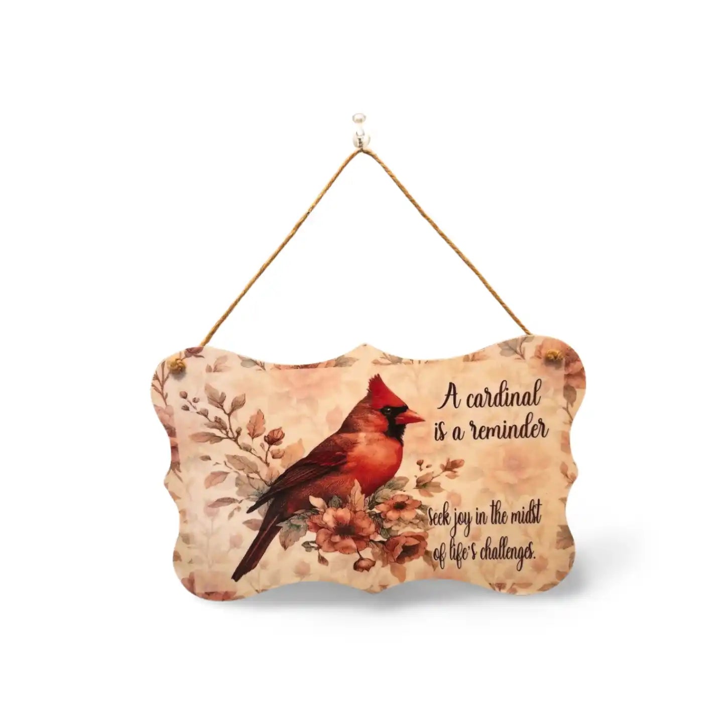 Decorative sign with a cardinal and floral design on a white background