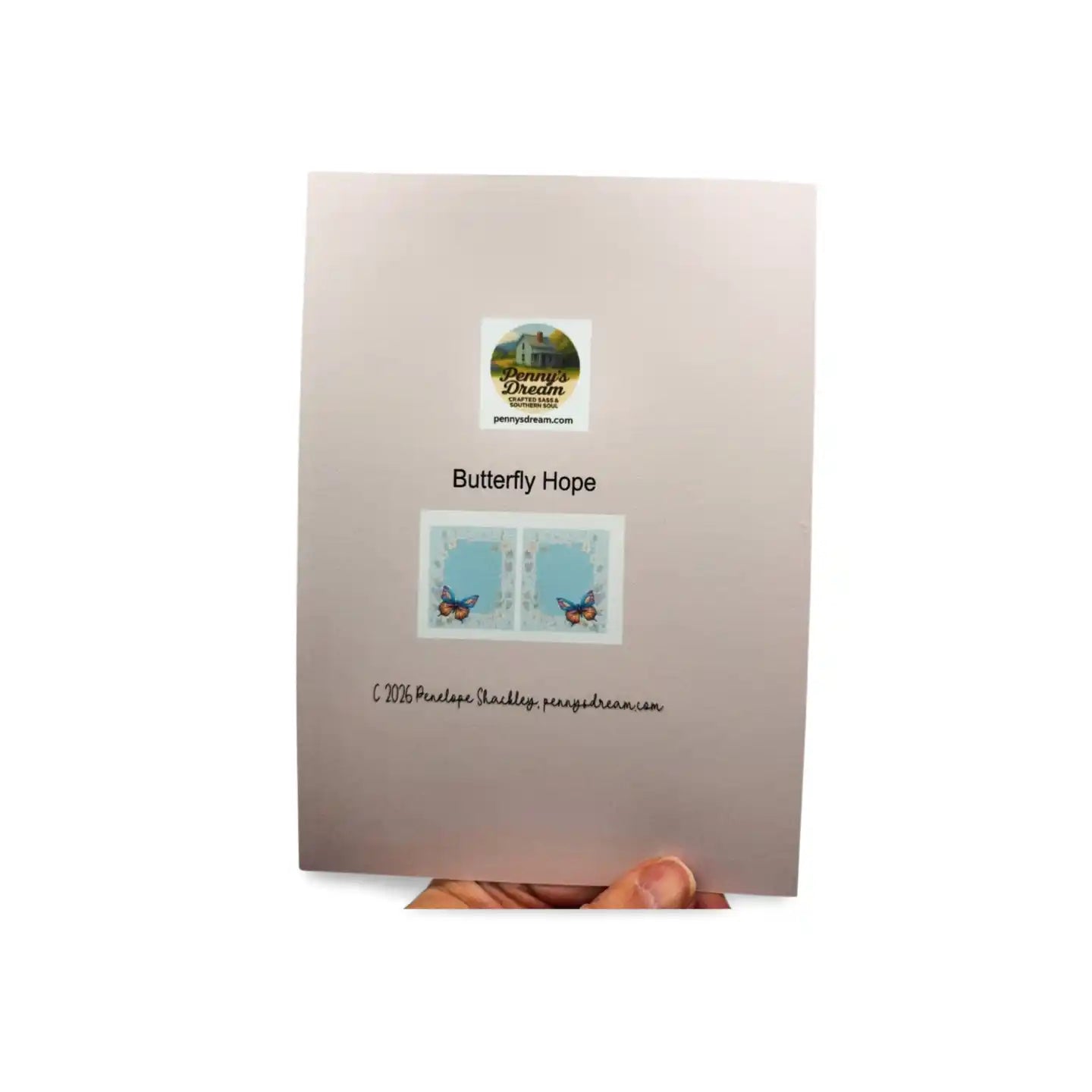 Card with butterfly design and 'Butterfly Hope' text on a beige background