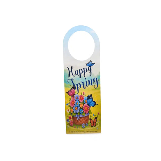 Decorative door hanger with 'Happy Spring' text and floral design on a white background