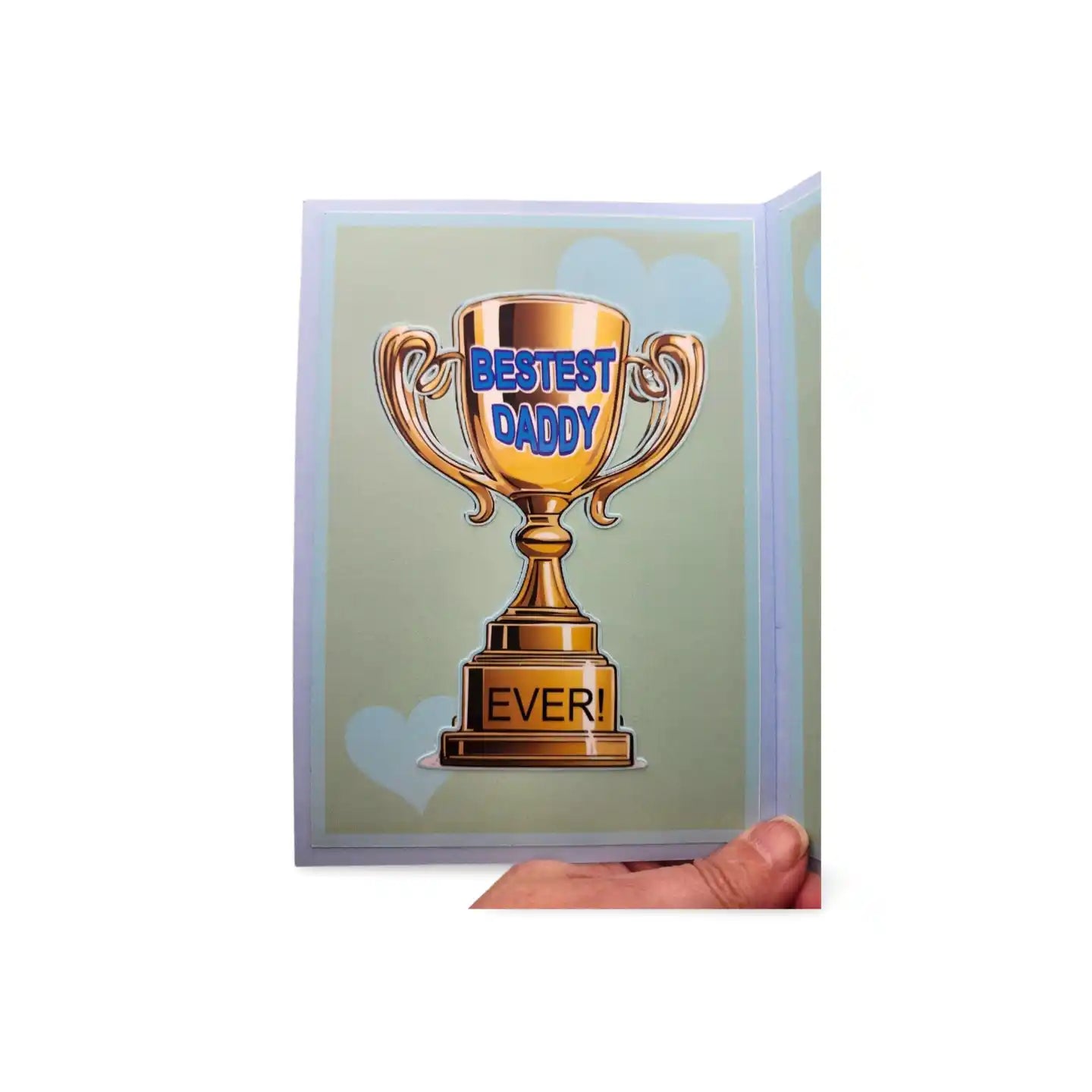 Greeting card with a trophy design and 'Bestest Daddy Ever!' text on a light green background.