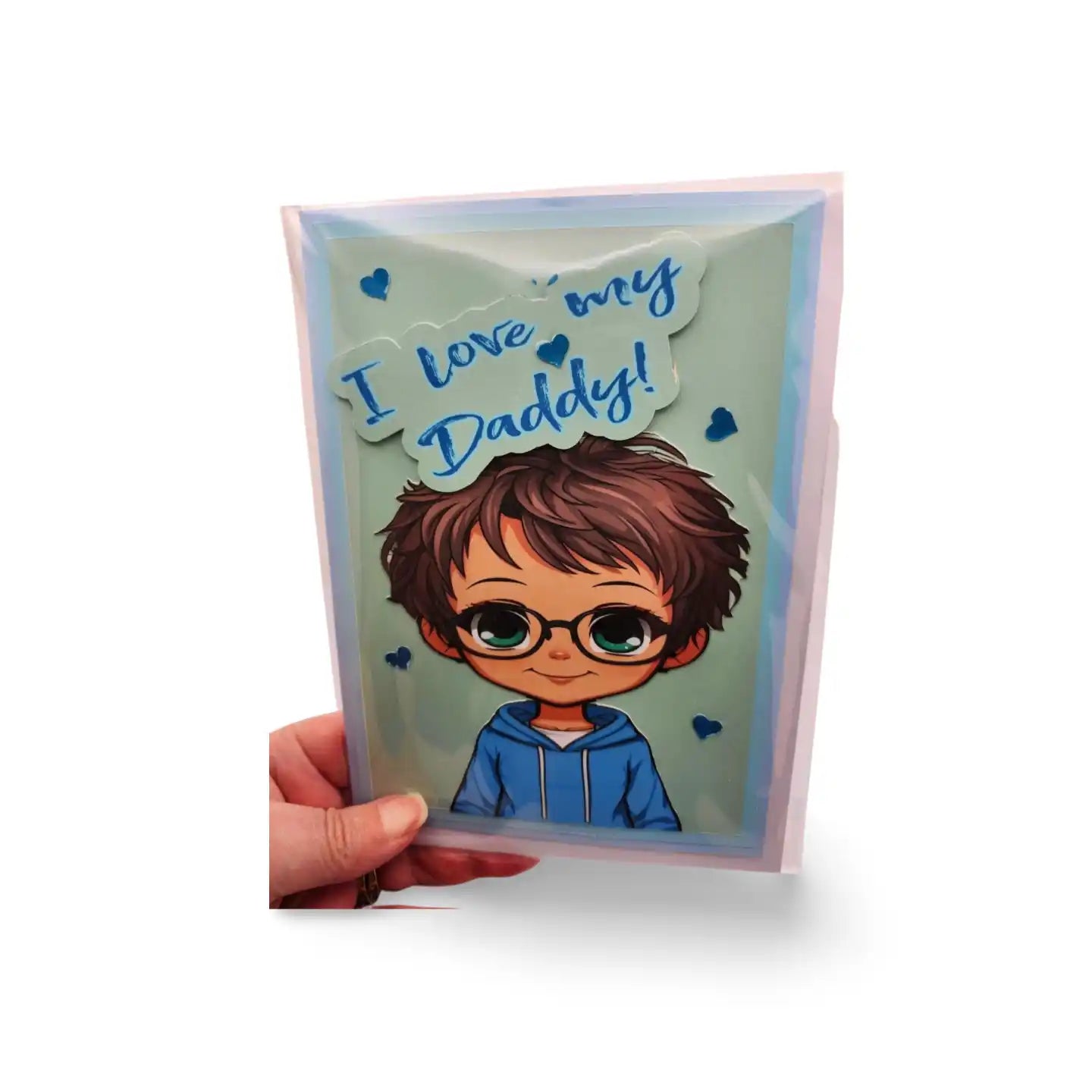 Card with a cartoon boy and 'I love my Daddy!' text on a white background