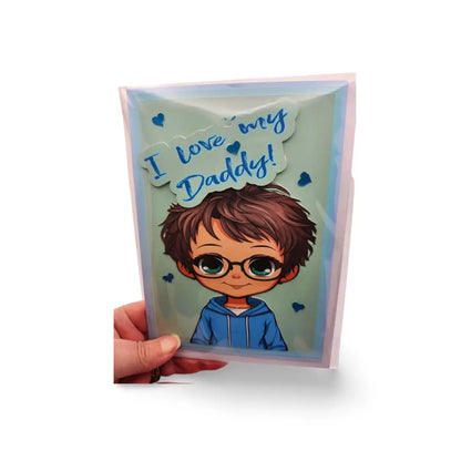 Card with a cartoon boy and 'I love my Daddy!' text on a white background