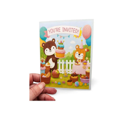 Hand holding a birthday invitation card with cartoon animals and 'You're Invited!' text.