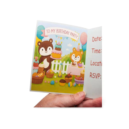 Hand holding a birthday party invitation card with cartoon animals on a white background