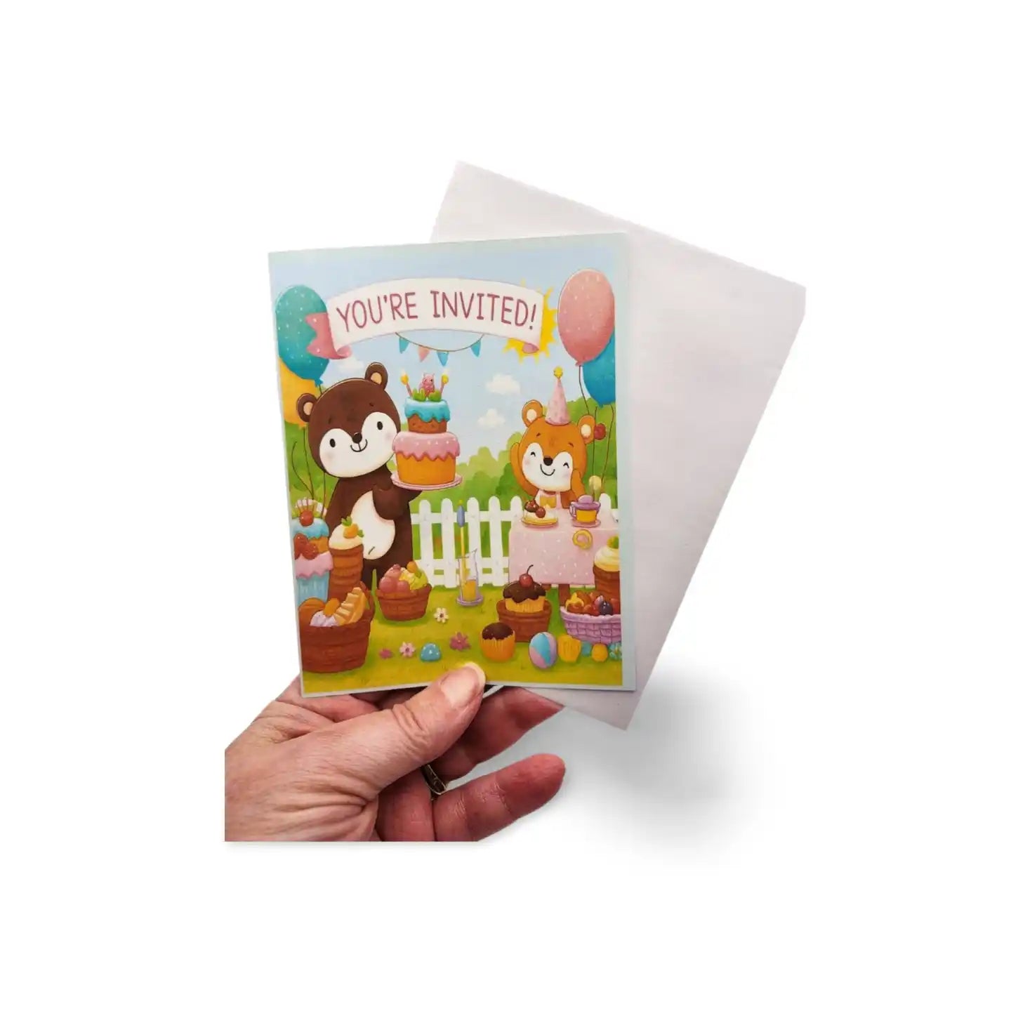 Hand holding a birthday invitation card with cartoon animals and balloons on a white background