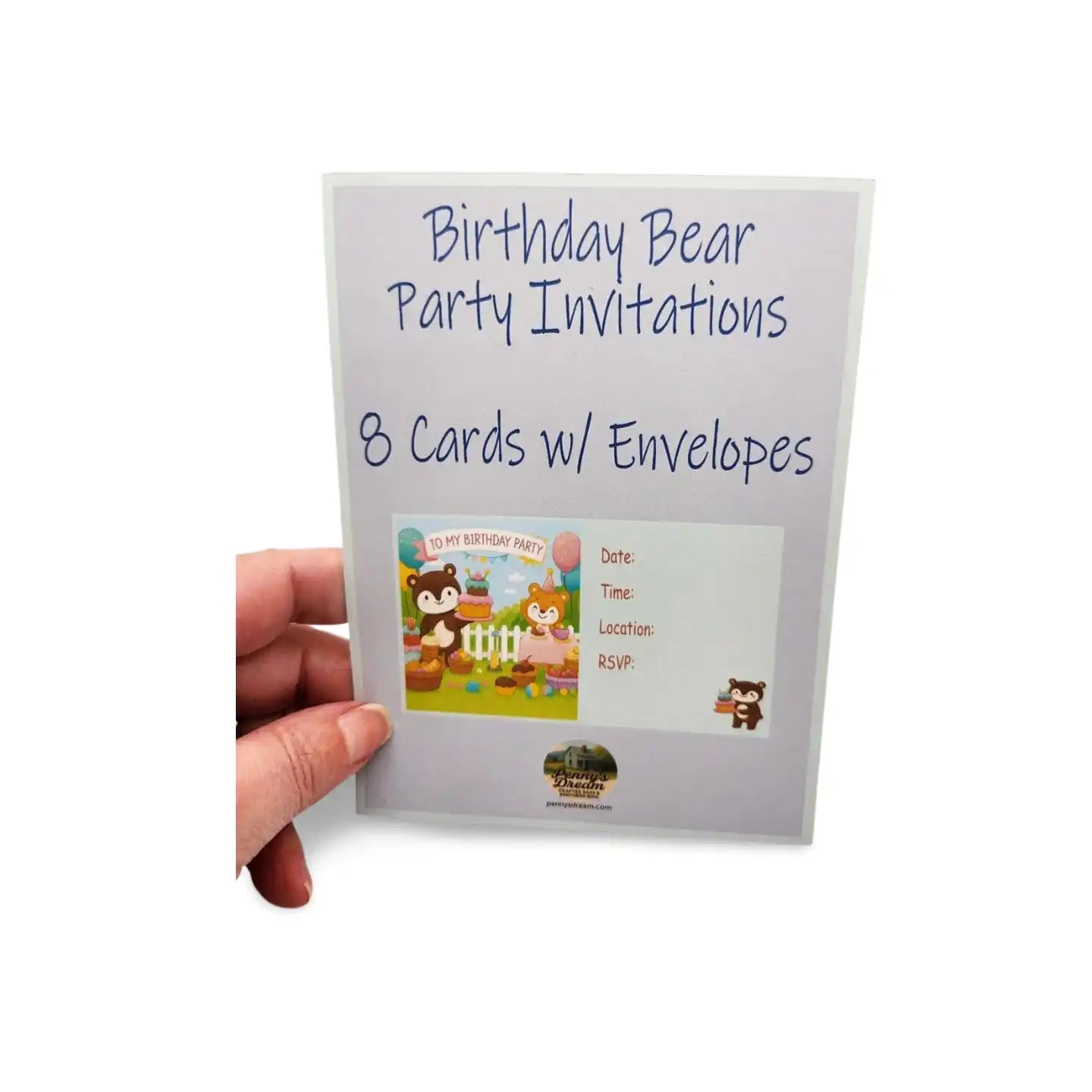 Packaging of Birthday Bear Party Invitations with a hand holding it.