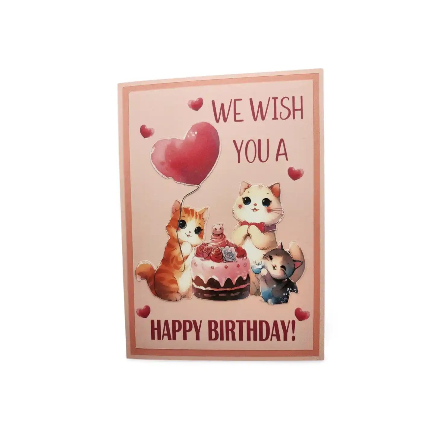 Birthday card with cartoon cats and a heart balloon on a pink background