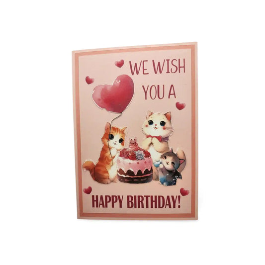Birthday card with cartoon cats and a heart balloon on a pink background