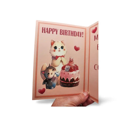 Birthday card with cartoon cat and cake illustration on a white background