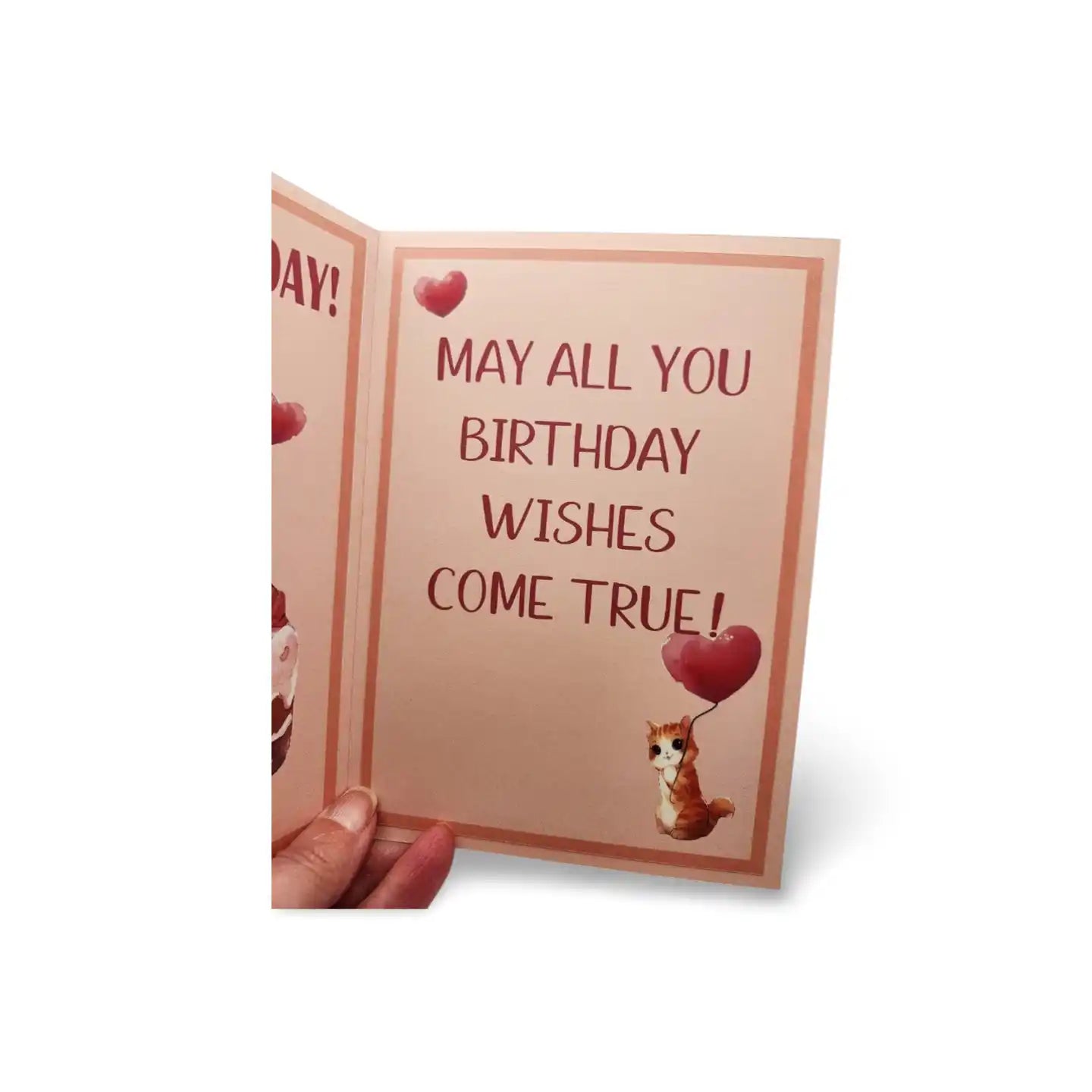 Birthday card with a fox holding a heart-shaped balloon and text 'May all your birthday wishes come true!'.