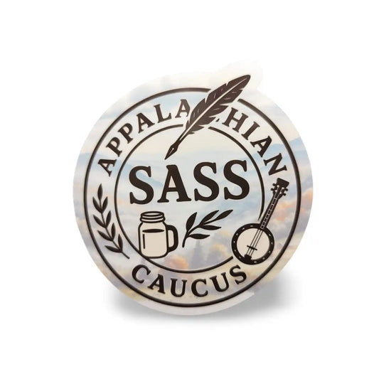 Round sticker with 'Appalachian Sass Caucus' text and graphics on a white background