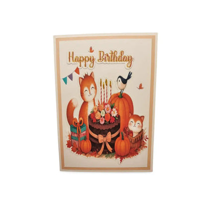 Birthday card with foxes, a cake, and pumpkins on a white background