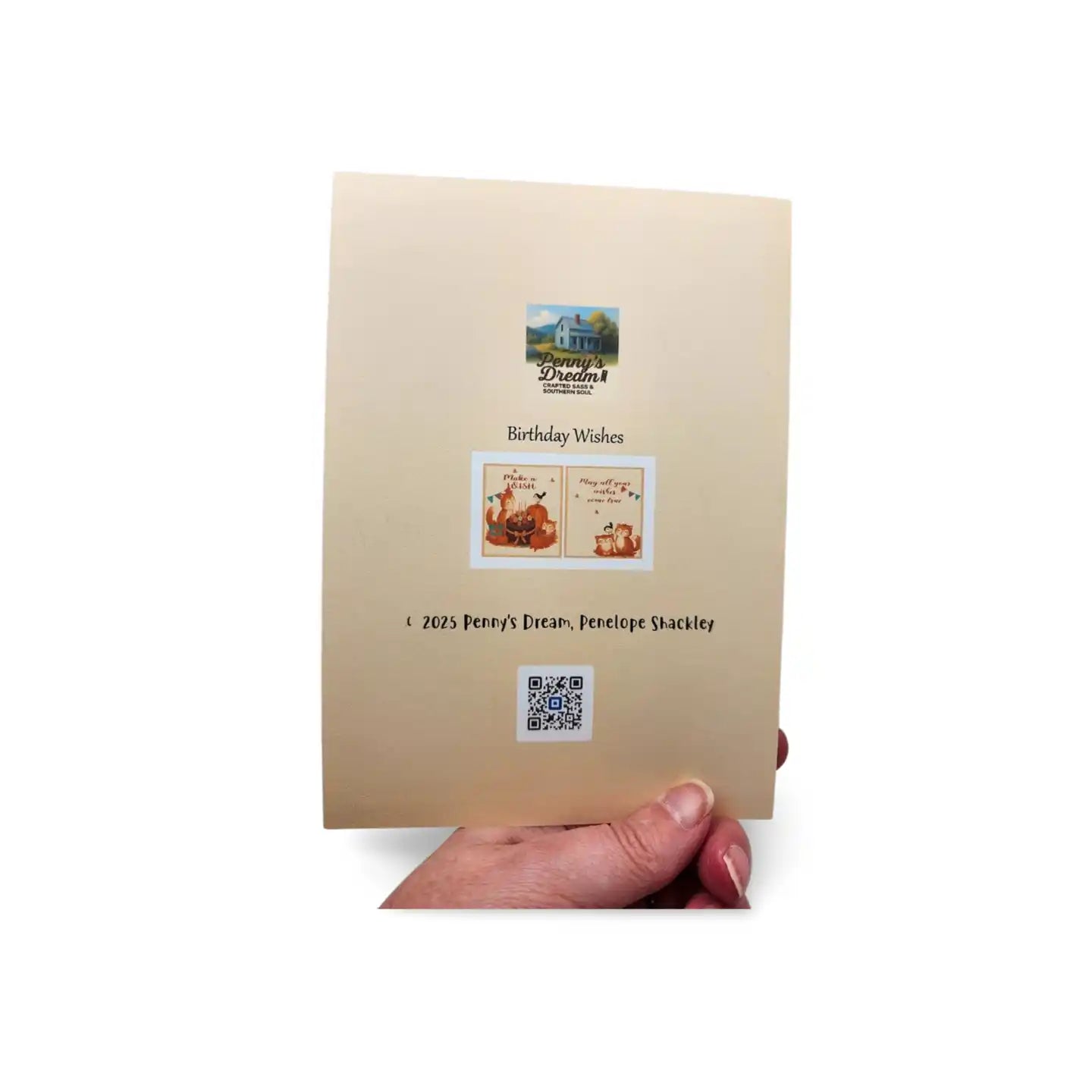 Beige greeting card with a QR code held by a hand on a white background
