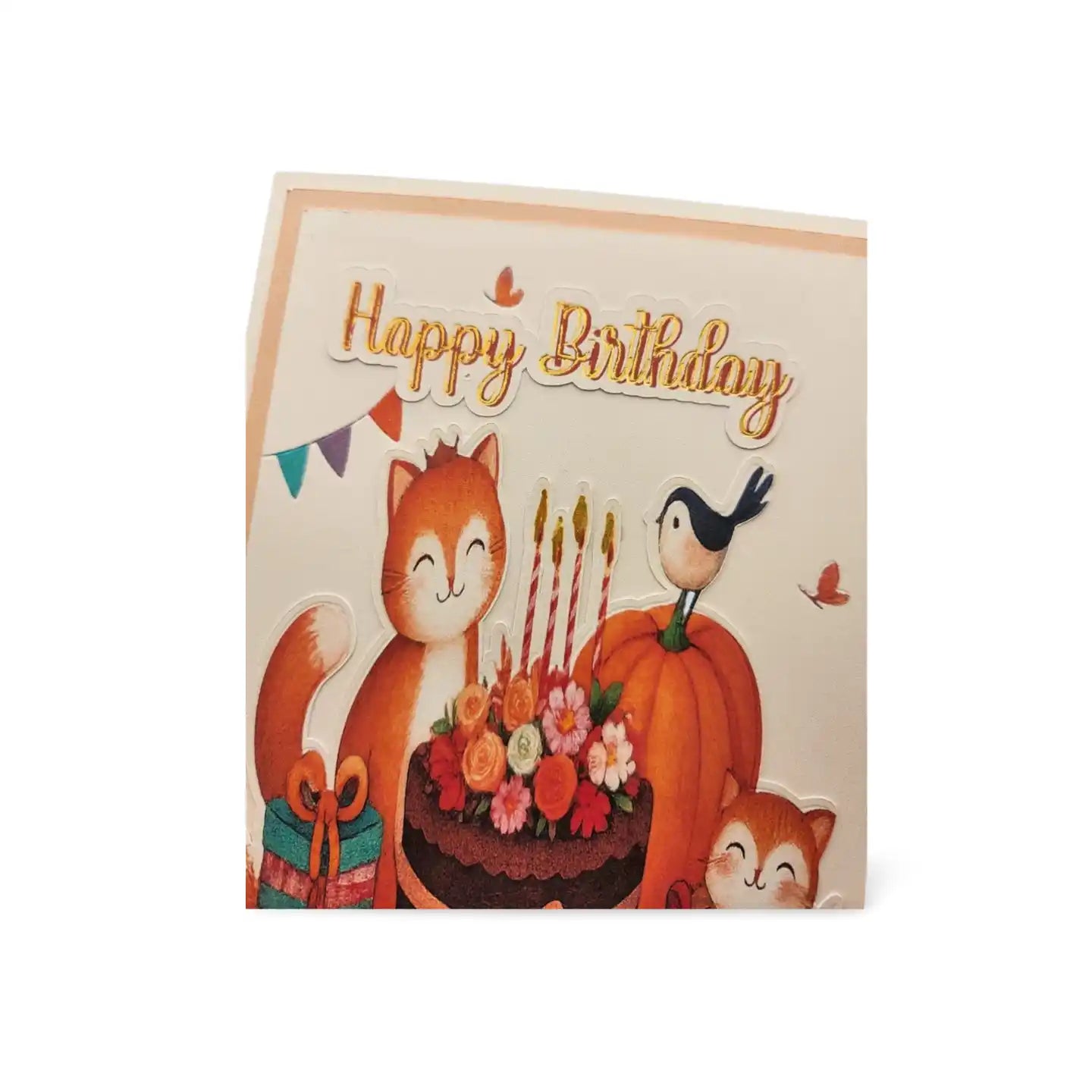 Birthday card with cartoon fox, bird, and pumpkin design on a white background
