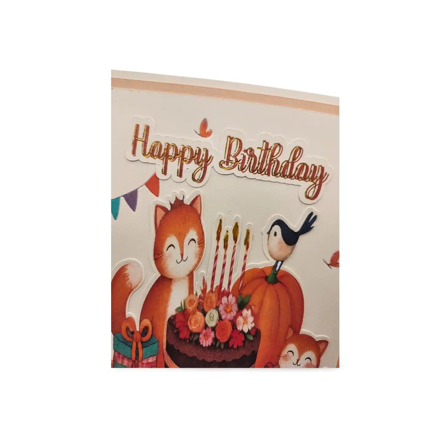 Birthday card with fox and bird design on a white background
