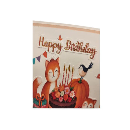 Birthday card with fox and bird design on a white background