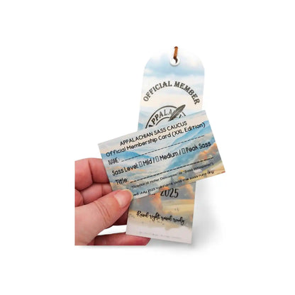 Hand holding a colorful membership card with text and design elements on a white background