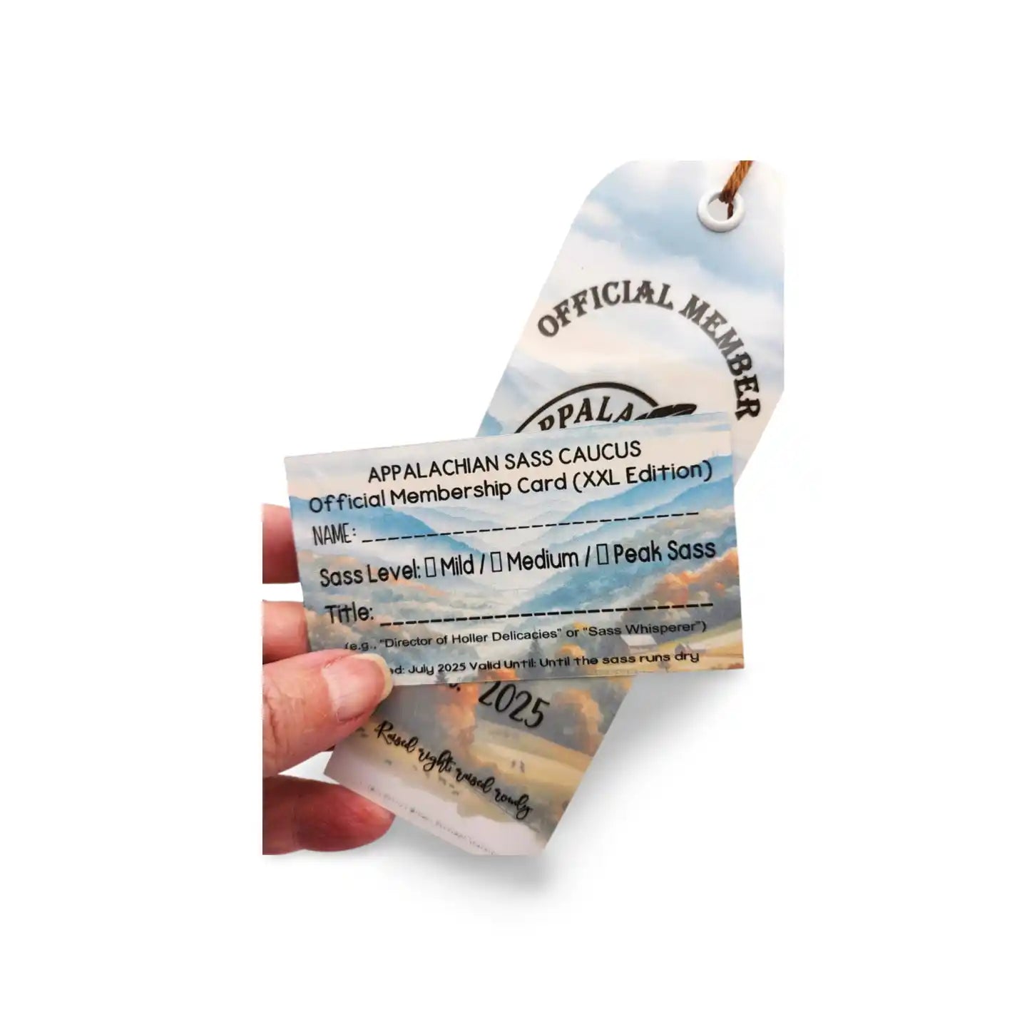 Hand holding a membership card for Appalachian Bass Caucus on a white background