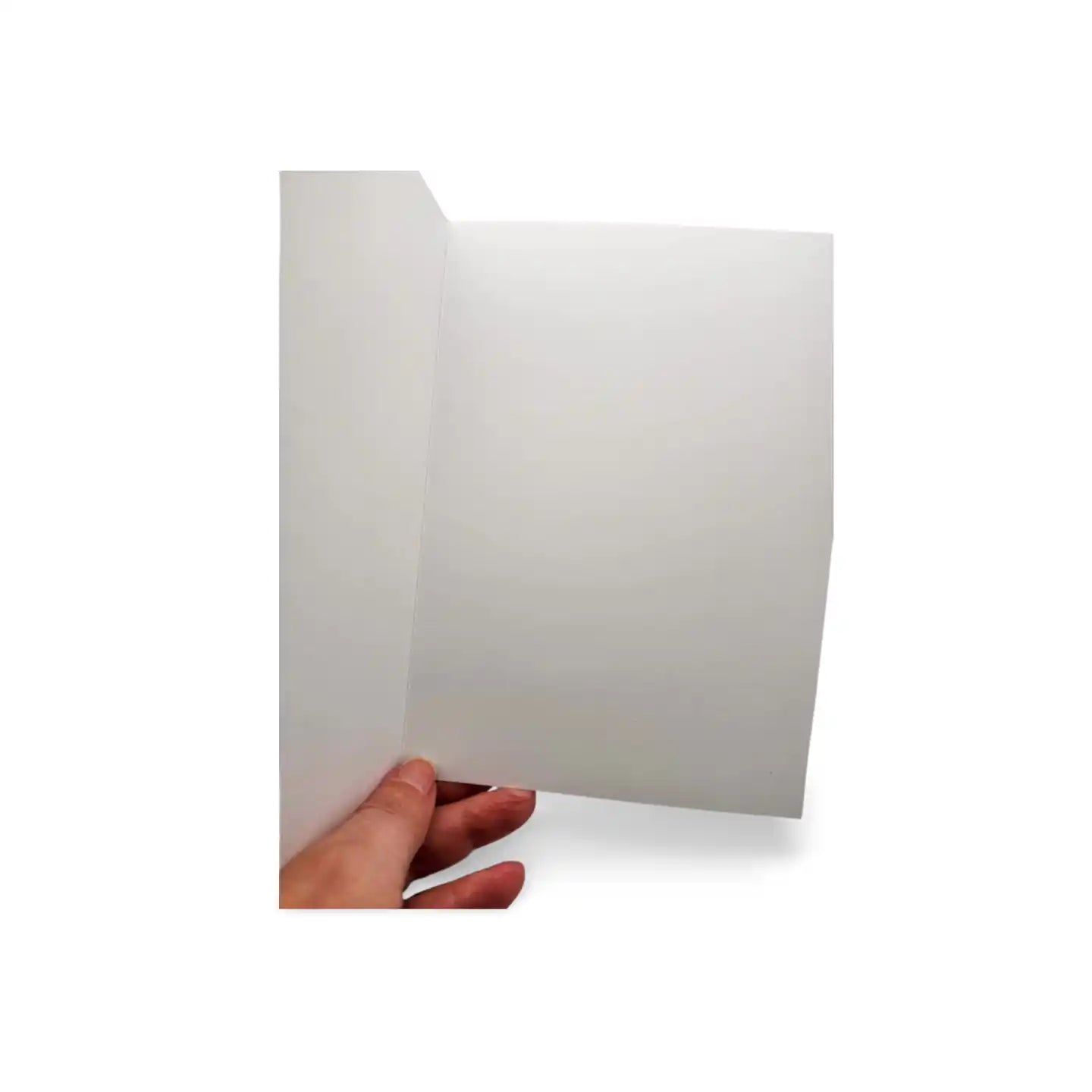 Hand holding a white card against a white background