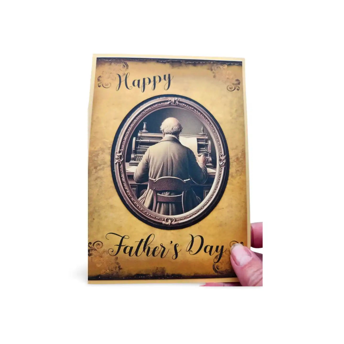 Father's Day card with vintage-style illustration of a man in a robe, held by a hand.