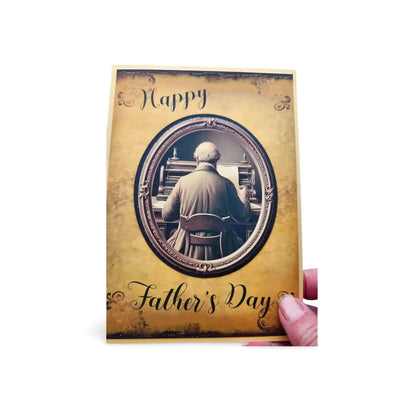 Father's Day card with vintage-style illustration of a man in a robe, held by a hand.
