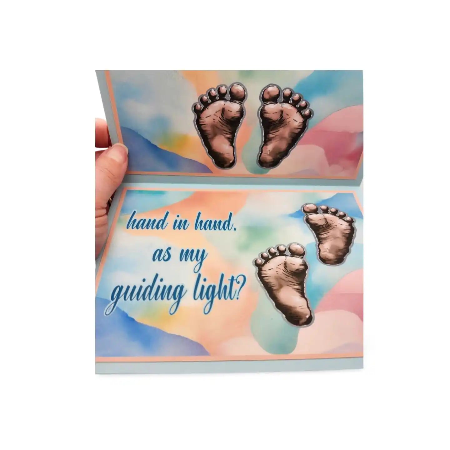 Greeting card with footprints and text 'hand in hand, as my guiding light?' on a colorful background.
