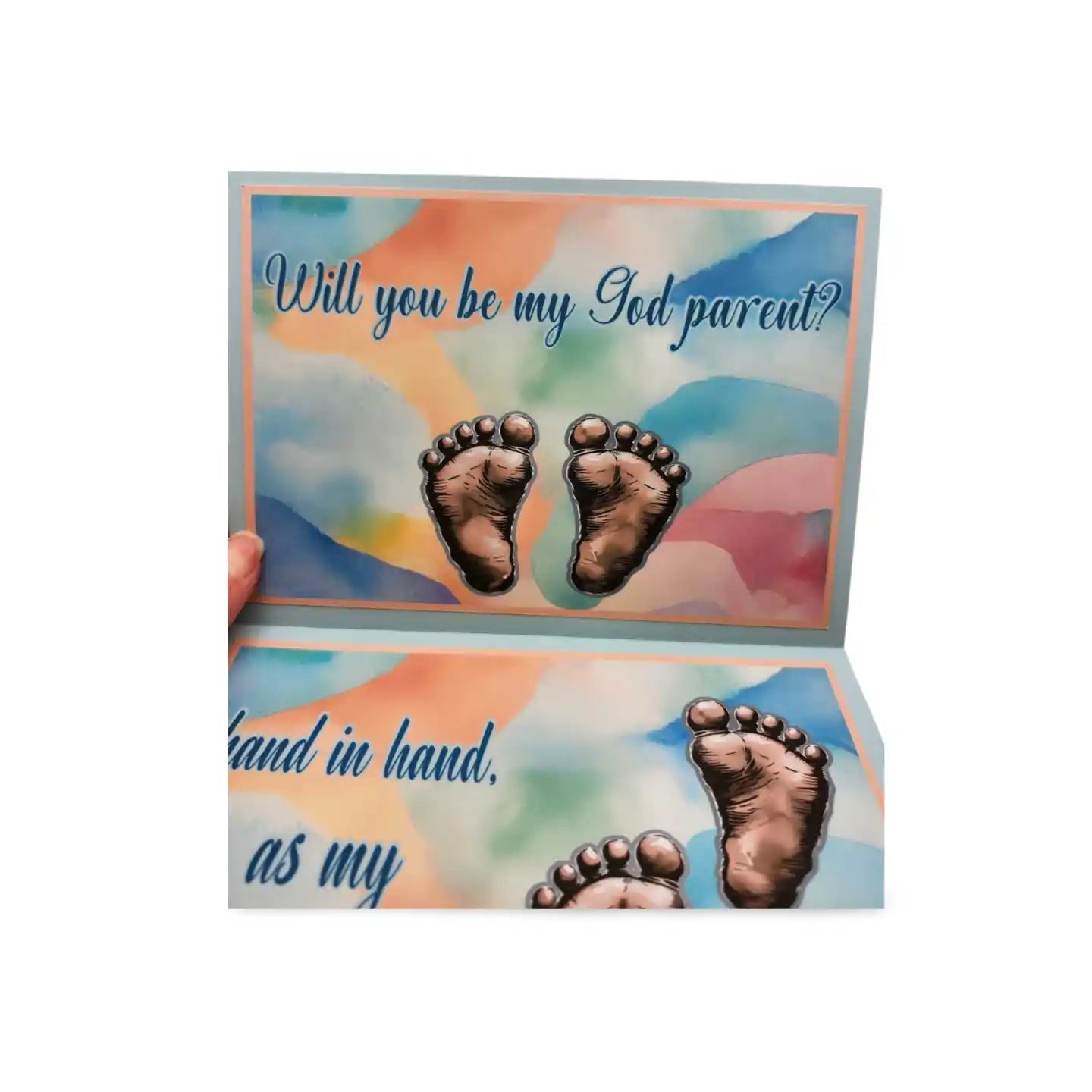 Card with baby feet illustration and text asking if you will be a godparent