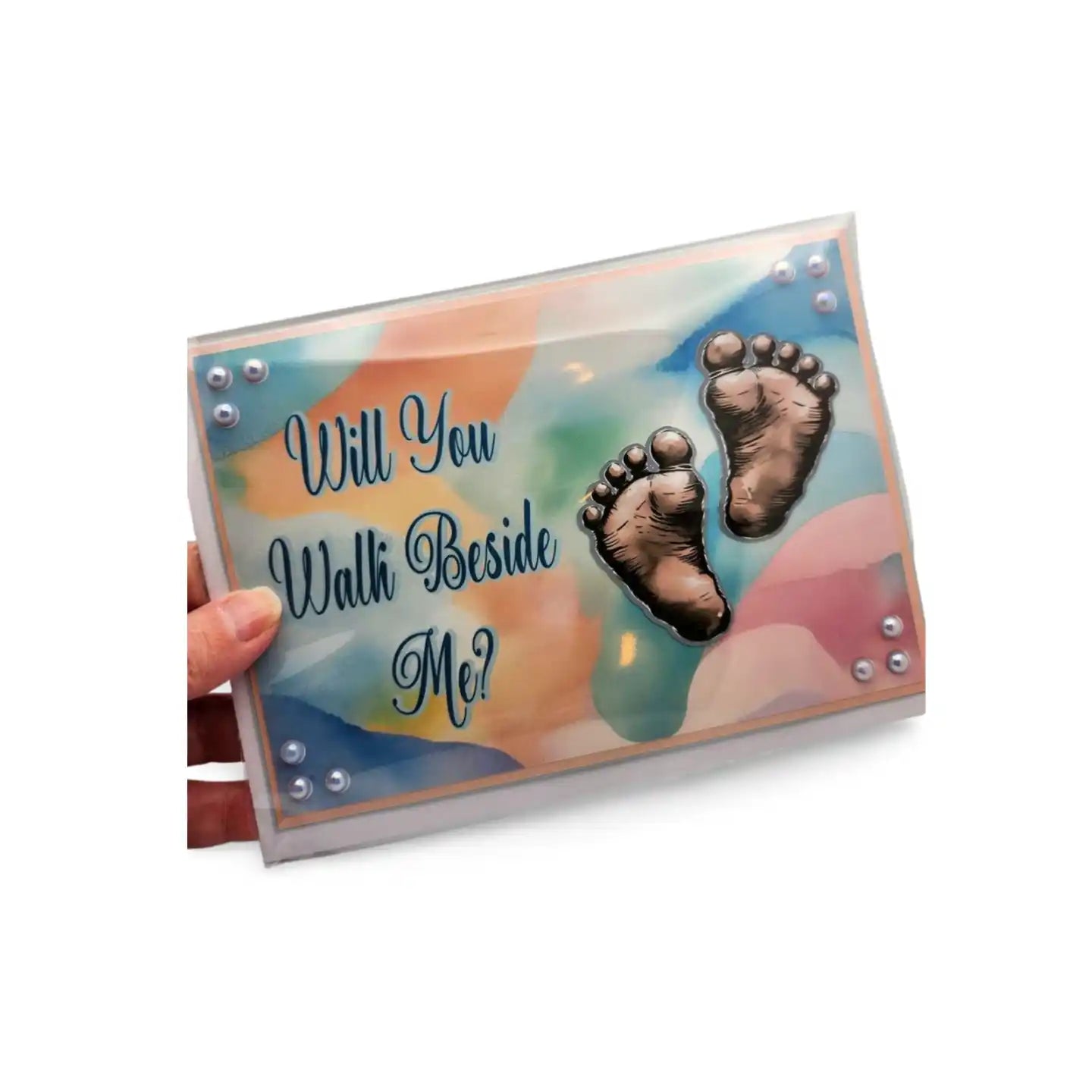 Card with footprints and 'Will You Walk Beside Me?' text on a colorful background