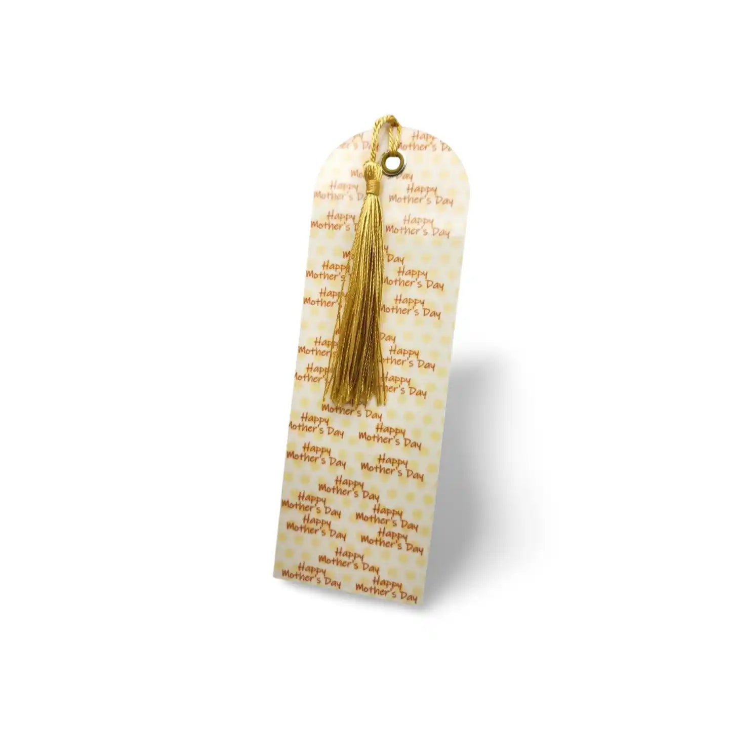 Bookmark with text and a gold tassel on a white background