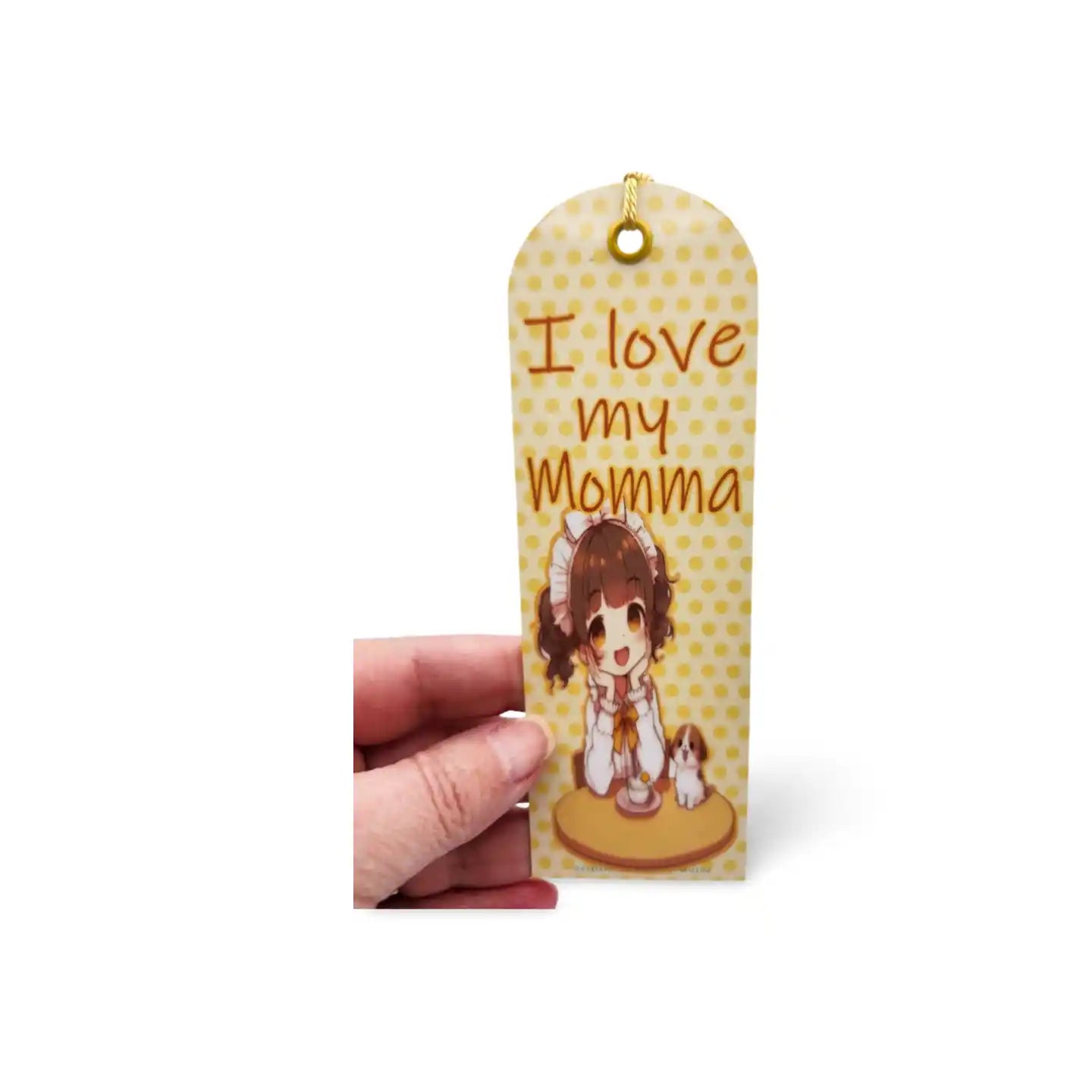 Bookmark with cartoon character and 'I love my Momma' text on a white background