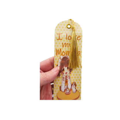 Bookmark with cartoon character and 'I love my mom' text on a white background