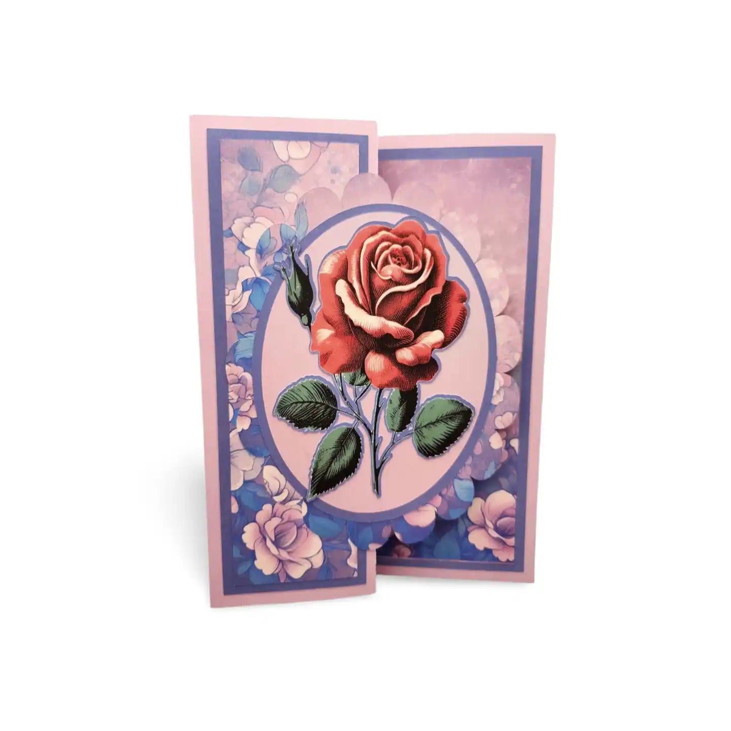 Greeting card with a red rose design on a white background