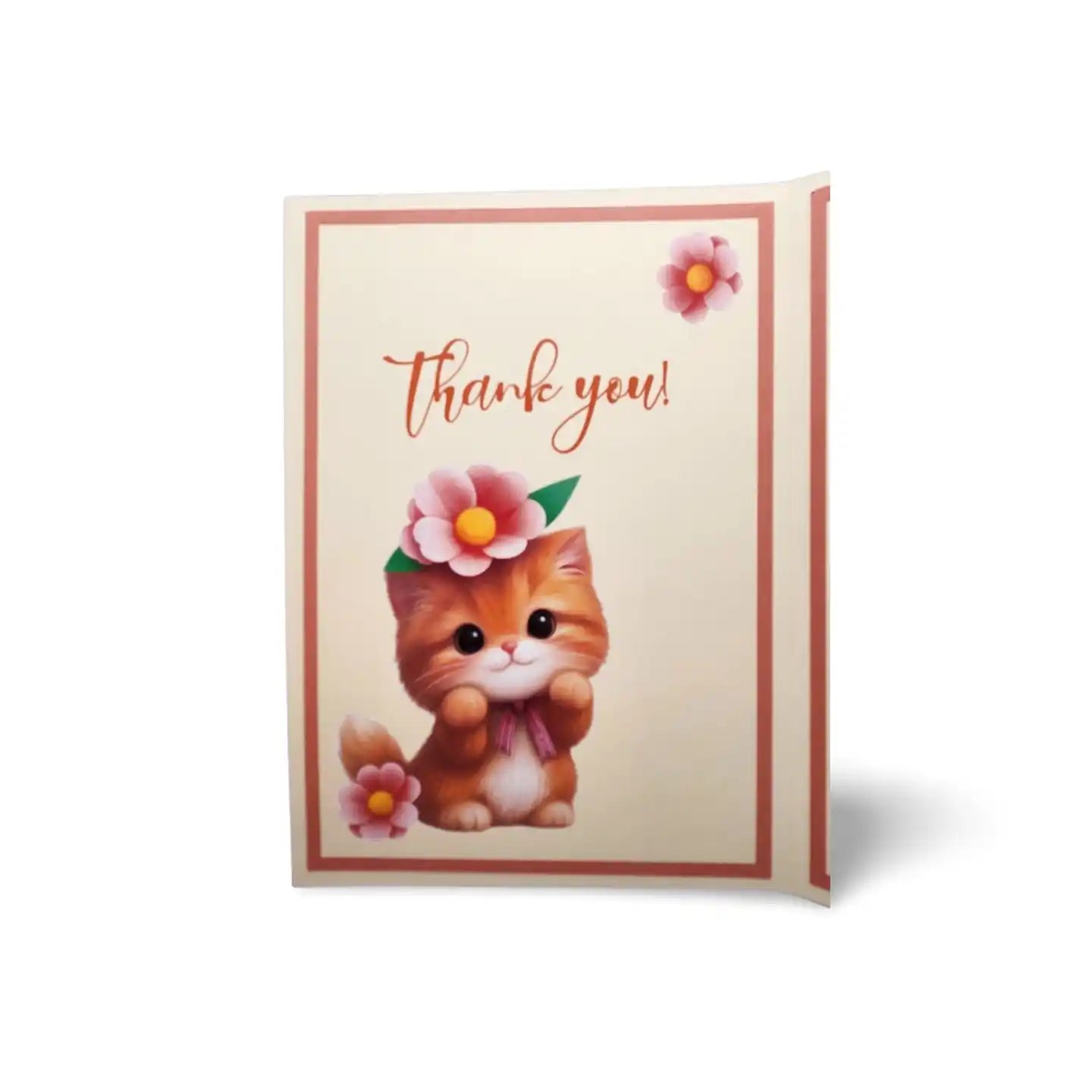 Card with a cartoon cat holding flowers and 'Thank you!' text on a beige background