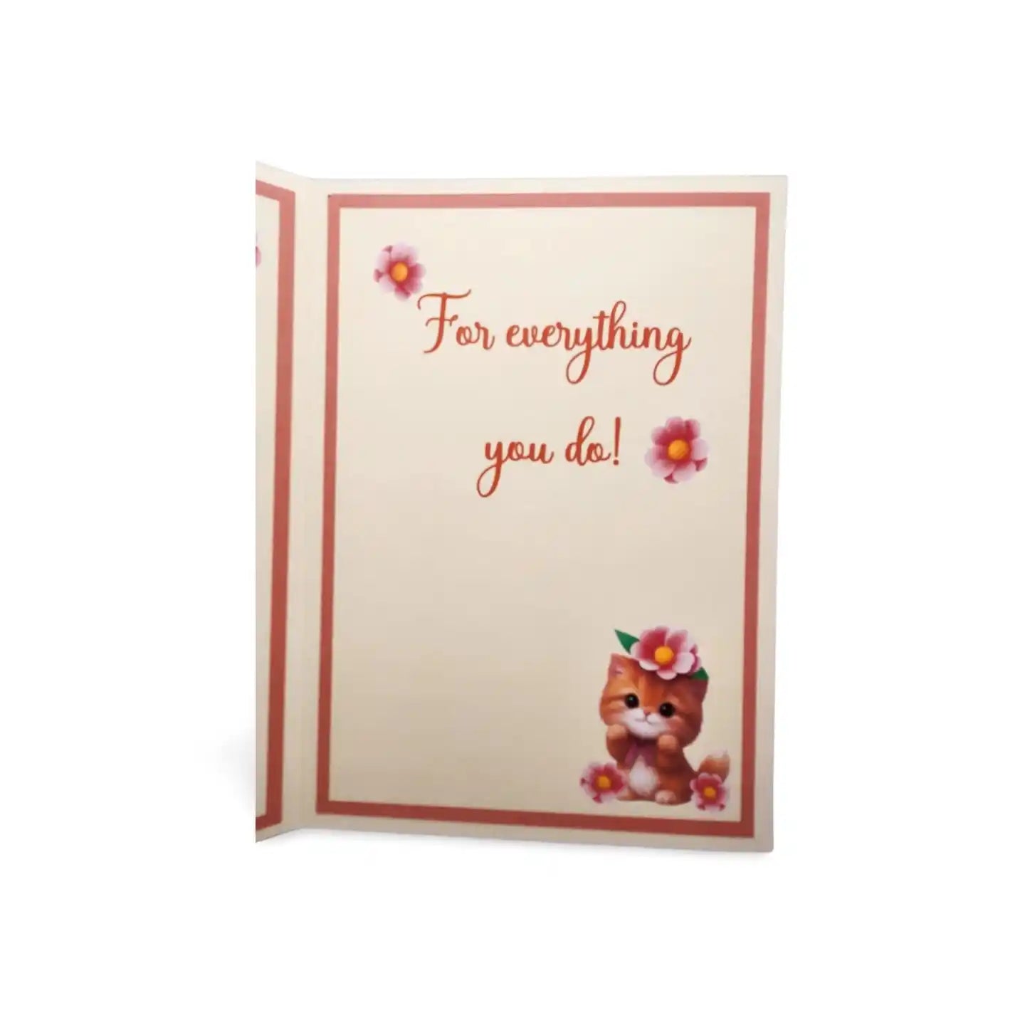 Greeting card with a cat illustration and text on a white background