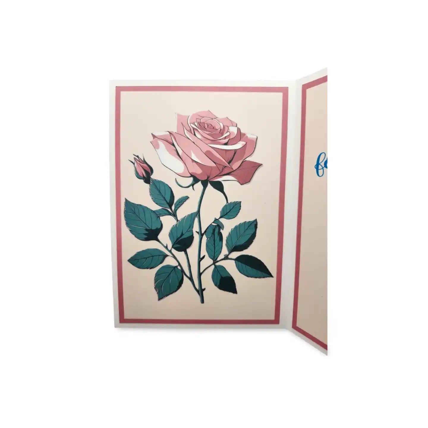 Greeting card with a pink rose design on a white background