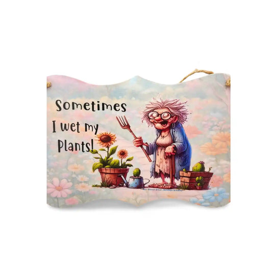 Cartoon character with plants and text 'Sometimes I wet my plants!' on a colorful background