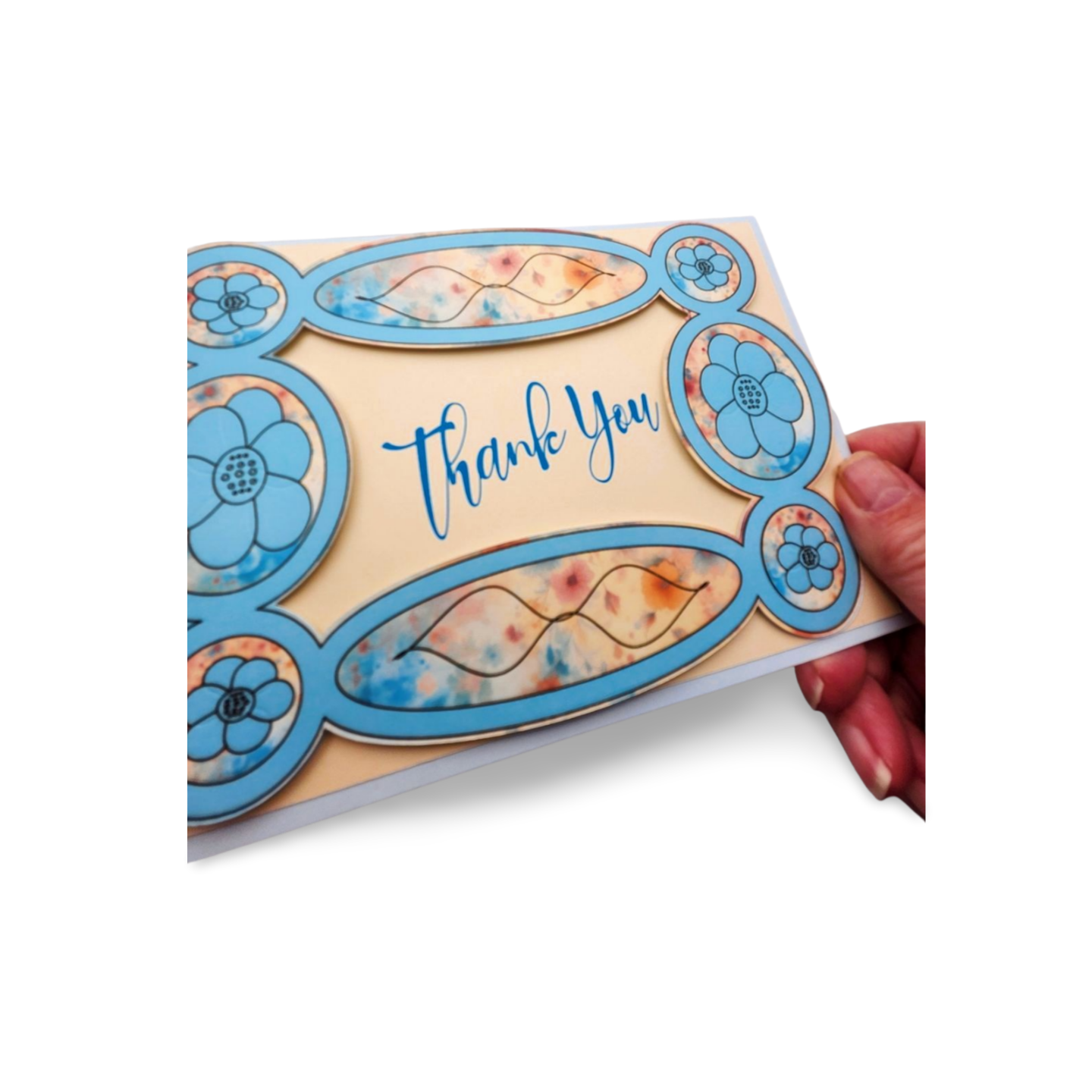 Card with floral design and 'Thank You' text held by a hand on a white background