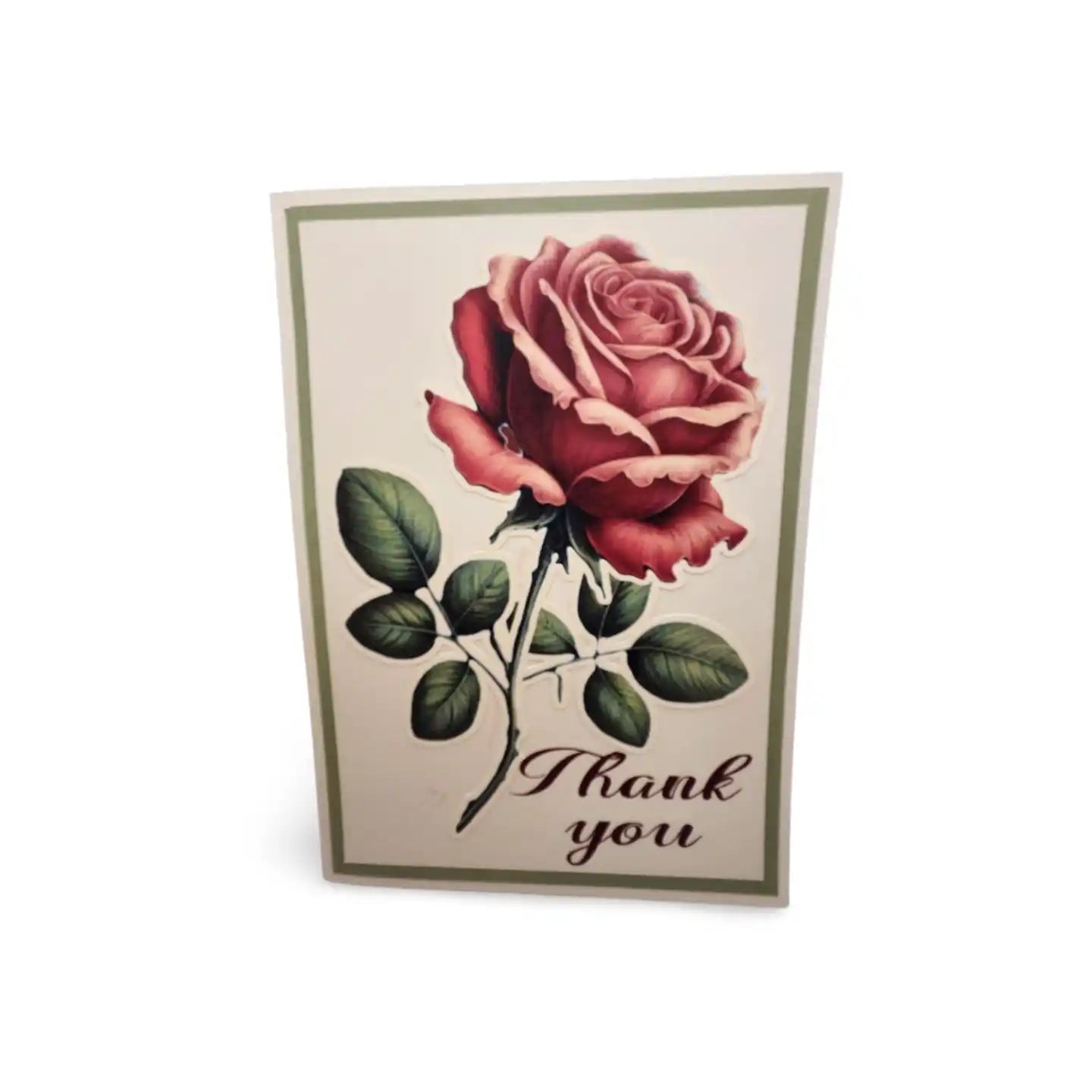Card with a red rose illustration and 'Thank you' text on a beige background
