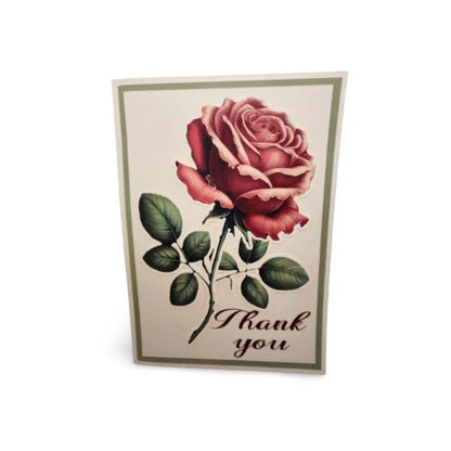 Card with a red rose illustration and 'Thank you' text on a beige background