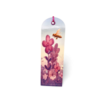 Decorative bookmark with floral design and bee illustration on a white background