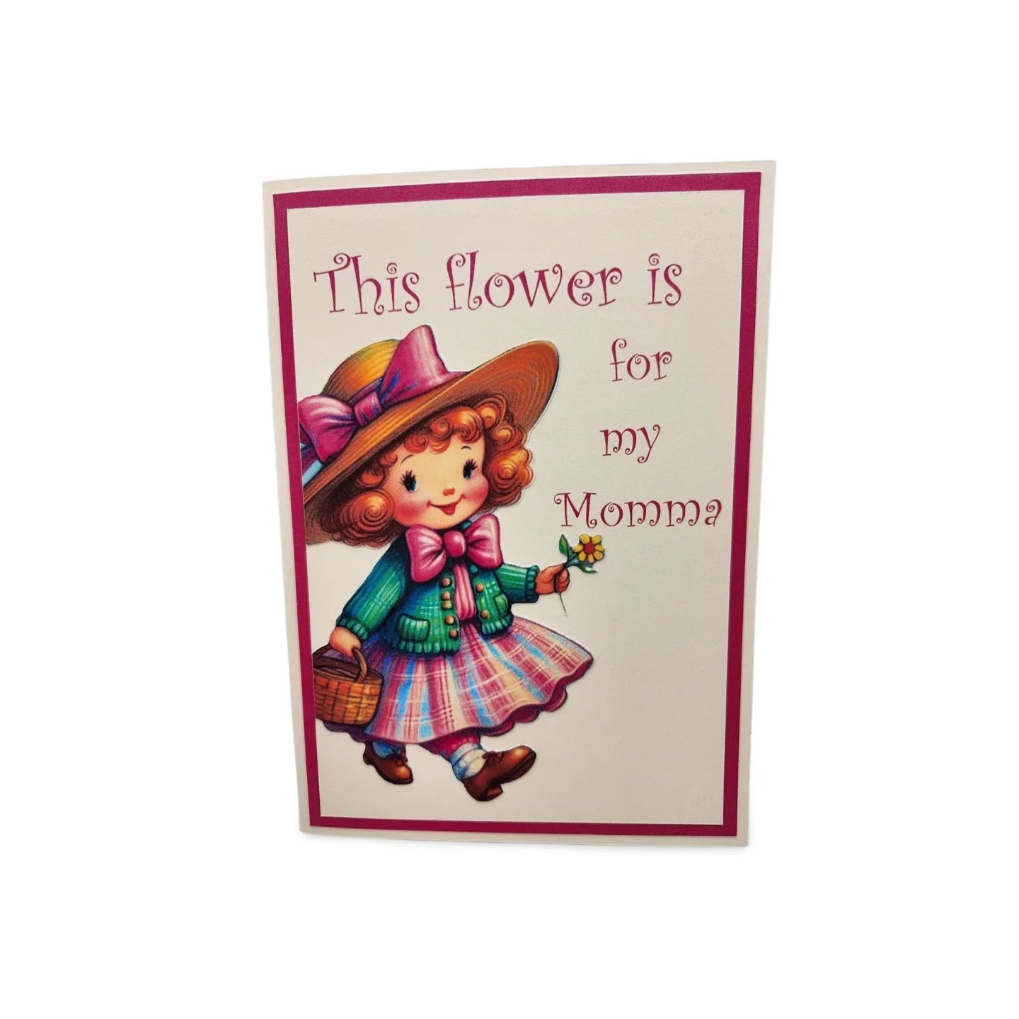 Vintage-style greeting card with a girl holding a flower and text 'This flower is for my Momma' on a white background.