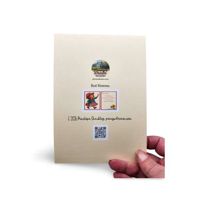 Beige card held by a hand with a colorful stamp and text on a white background