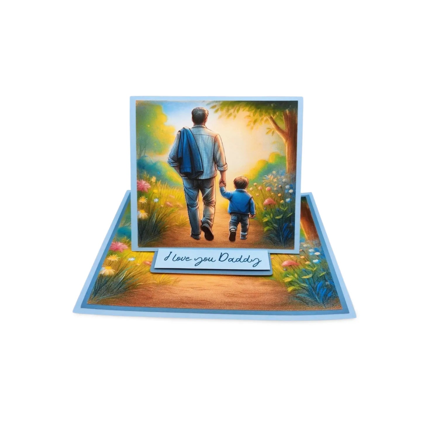 Greeting card with illustration of a father and son walking together, with 'I love you Daddy' text.