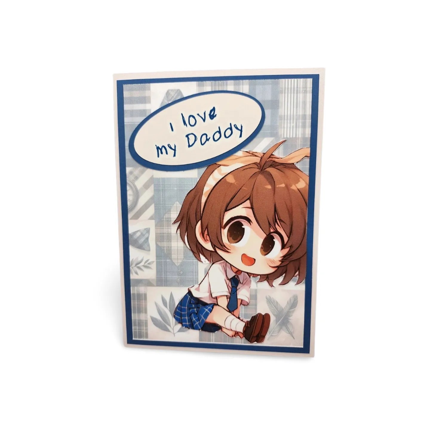 Card with an illustration of a child holding a shoe and 'I love my Daddy' text on a white background