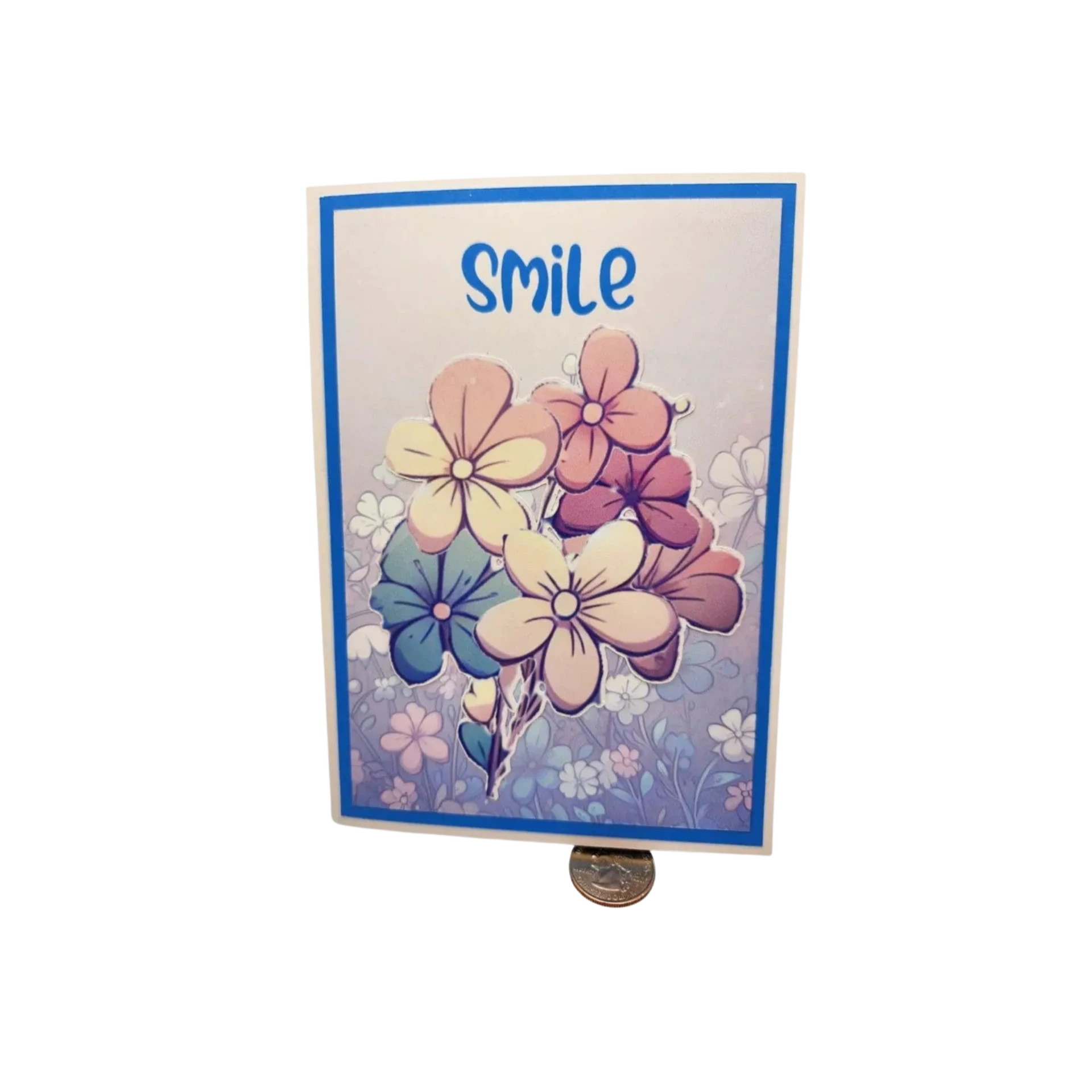 Card with colorful flowers and the word 'Smile' on a white background
