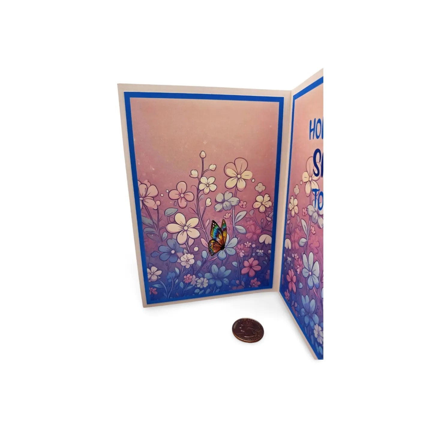 Greeting card with floral design and butterfly on a white background