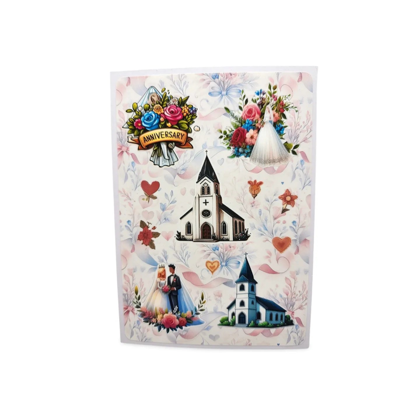 Card with wedding-themed design including a church, couple, and flowers on a white background