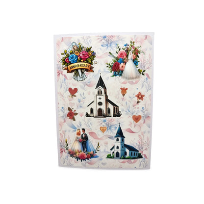 Card with wedding-themed design including a church, couple, and flowers on a white background